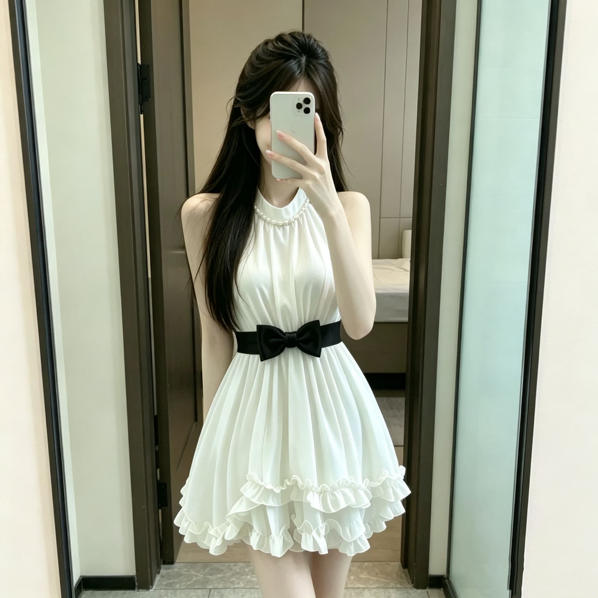 원본 품질 못 진주 프랑스식 레트로 프릴 민소매 천 금빛 바람 품격 허리 수축 슬림해 보이는 한 마디 미니 스커트 상세 이미지 5