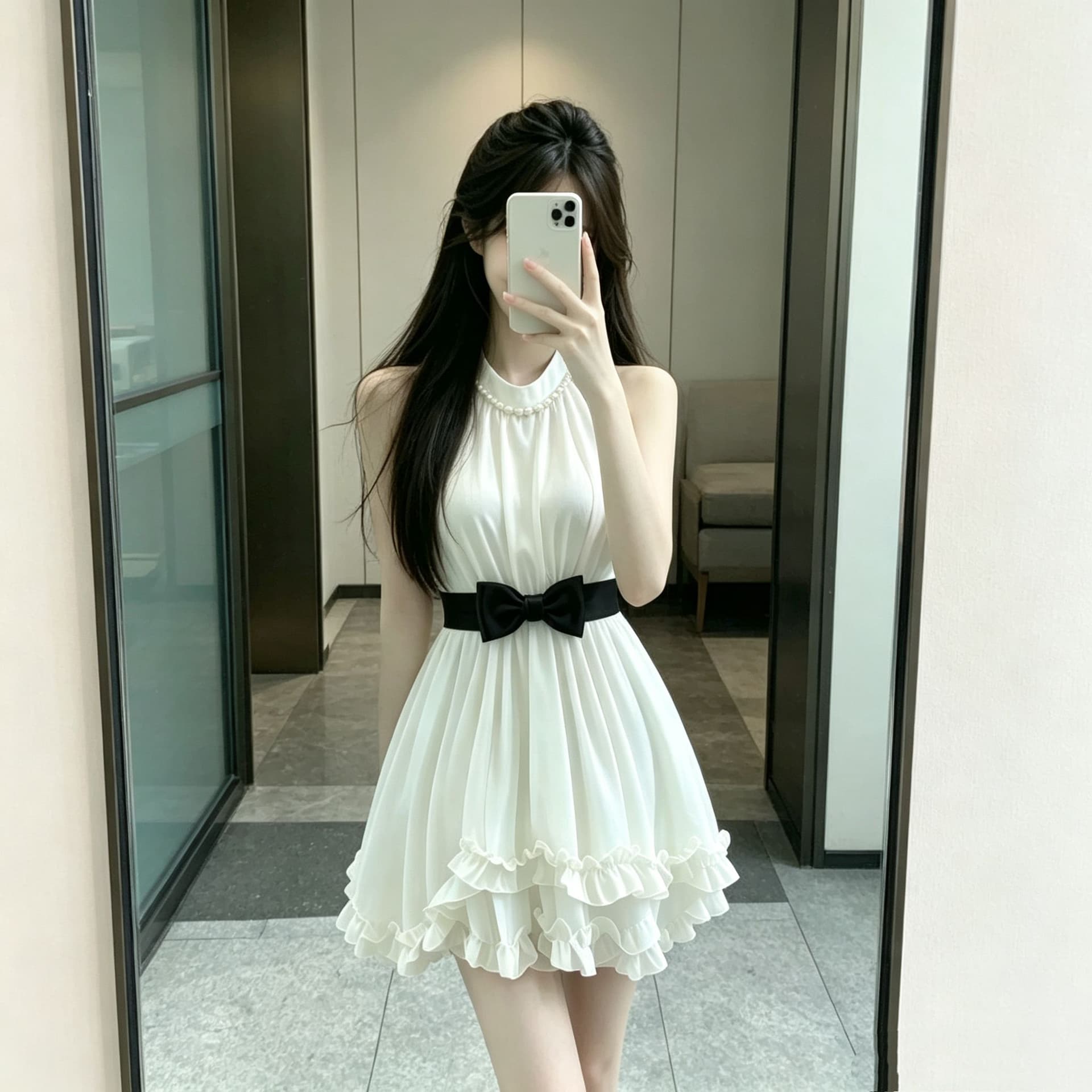 원본 품질 못 진주 프랑스식 레트로 프릴 민소매 천 금빛 바람 품격 허리 수축 슬림해 보이는 한 마디 미니 스커트 상세 이미지 7