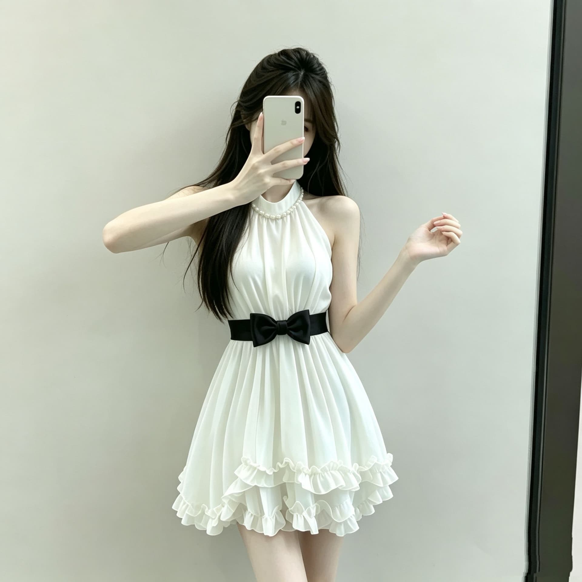 원본 품질 못 진주 프랑스식 레트로 프릴 민소매 천 금빛 바람 품격 허리 수축 슬림해 보이는 한 마디 미니 스커트 상세 이미지 8