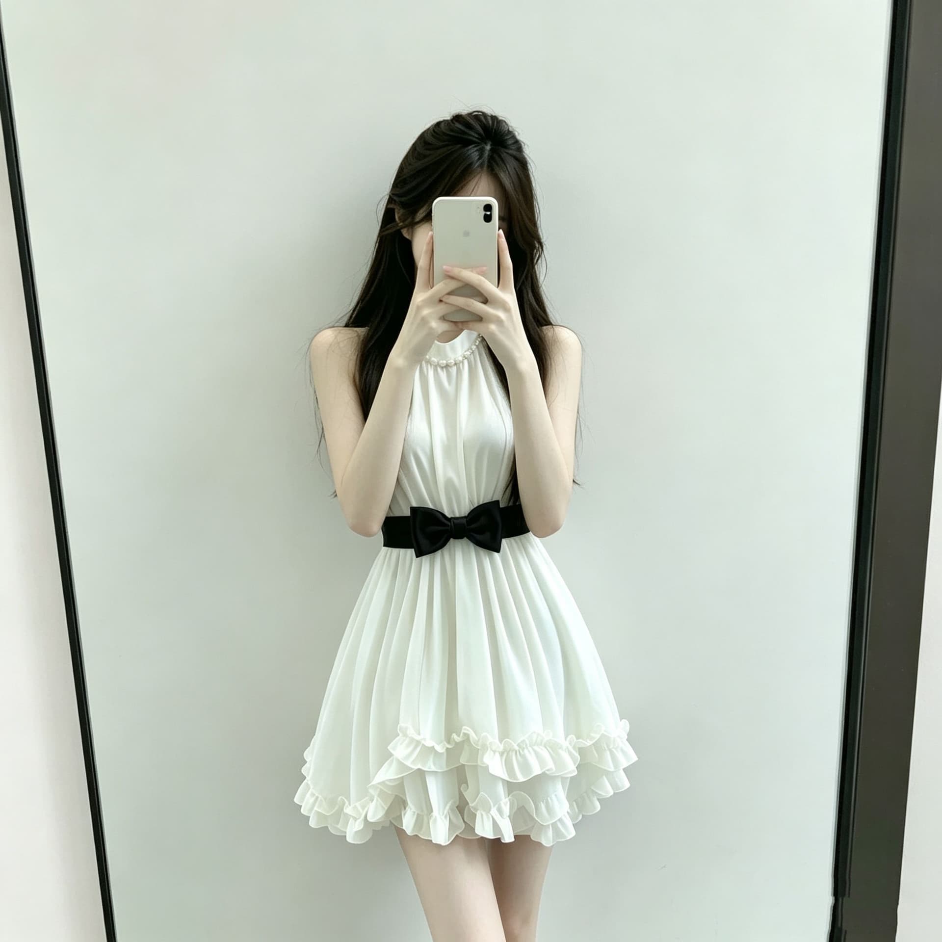 원본 품질 못 진주 프랑스식 레트로 프릴 민소매 천 금빛 바람 품격 허리 수축 슬림해 보이는 한 마디 미니 스커트 상세 이미지 10