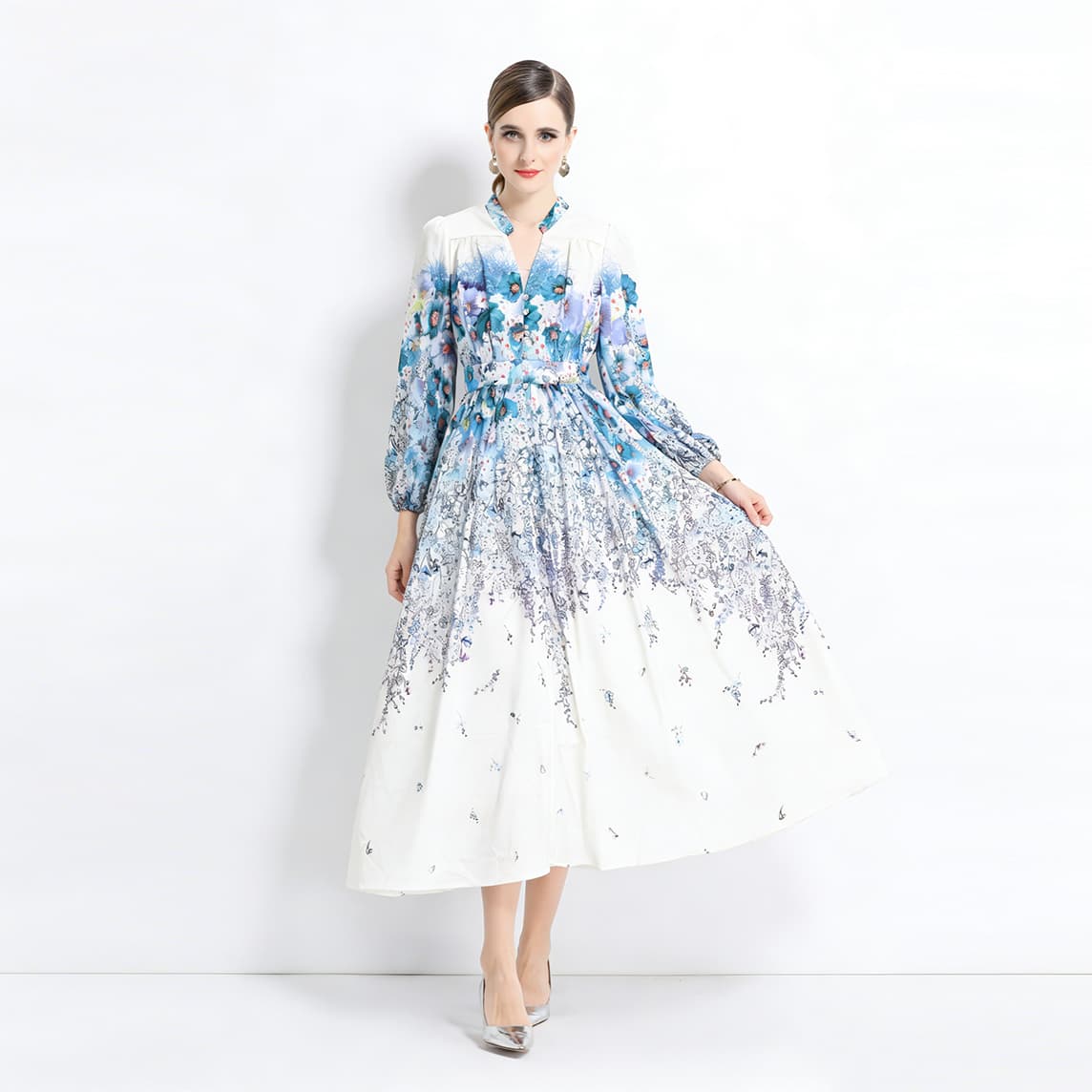 2026 봄 여름 신제품 고급 품격 V넥 프린트 클래스 케이지 긴팔 롱 코트 드레스 이미지 4