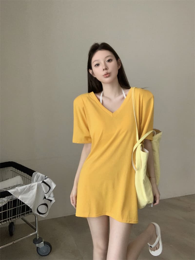 실사 정가 V넥 반팔 티셔츠 여성 루즈핏 느긋한 작은 심장 기계 뒤로 비틀림 백리스 켜기 벨트 어깨 패드 상세 이미지 2