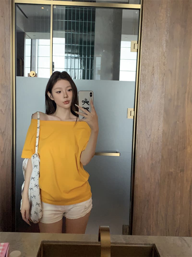 실사 정가 향기로운 어깨 차가운 순면 벨트 디자인 센스 비스듬한 어깨 반팔 티셔츠 순수한 욕망 오프숄더 슬림해 보이는 여성 여름 상세 이미지 1