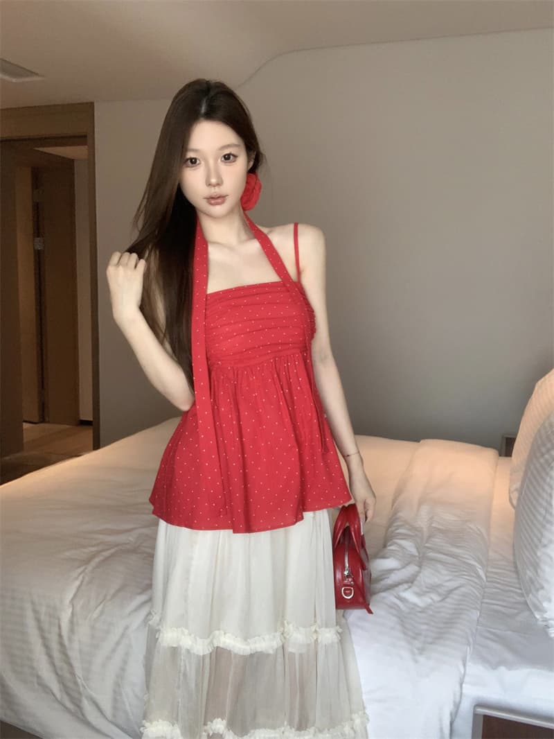 실사 정가 달콤한 핫걸 도트 무늬 리본 조끼 슬립 여성 연령 감소 Chic 슬림해 보이는 외출용 민소매 맨위 상세 이미지 8