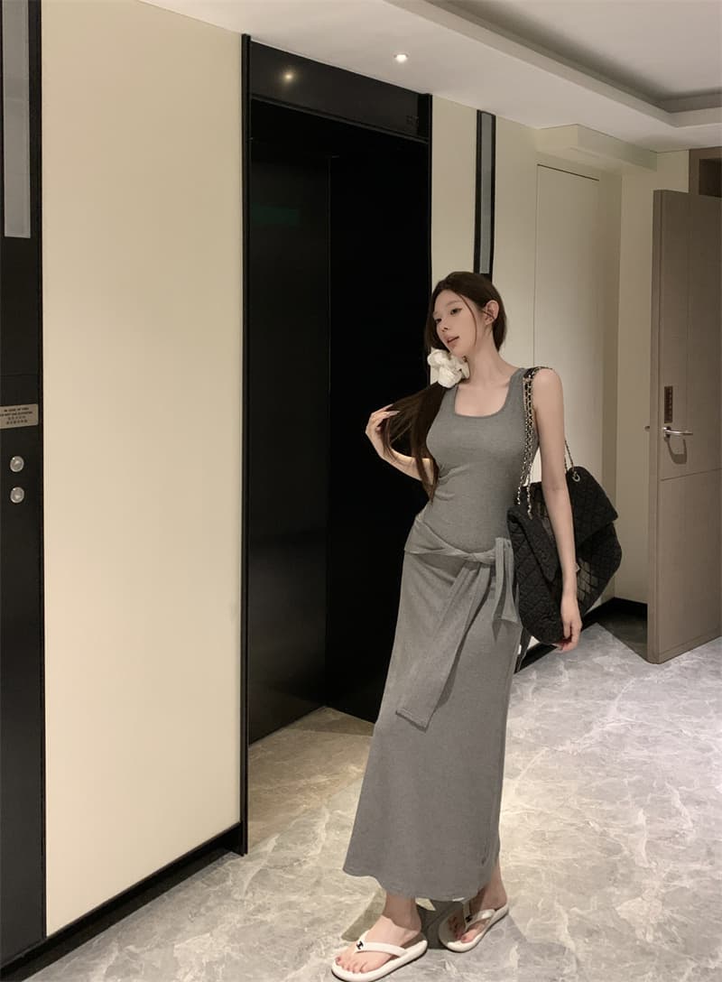 실사 정가 u 칼라 민소매 단어 조끼 여성 드레스 여름 허리 수축 몸매 가꾸기 치마 품격 타이트 스커트 롱 스커트 상세 이미지 1