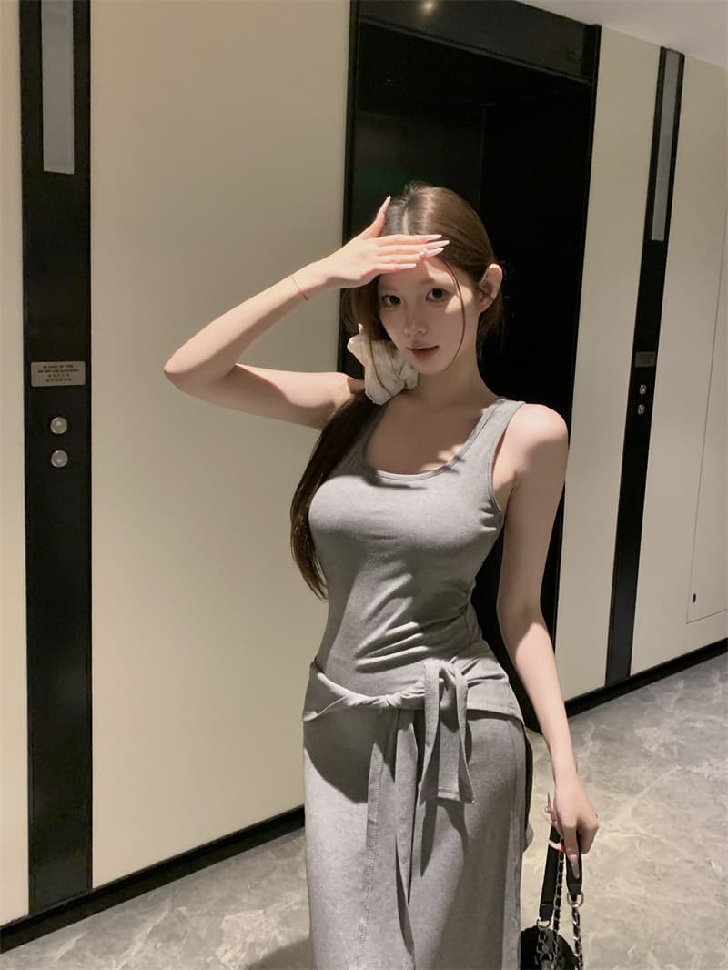 실사 정가 u 칼라 민소매 단어 조끼 여성 드레스 여름 허리 수축 몸매 가꾸기 치마 품격 타이트 스커트 롱 스커트 상세 이미지 4