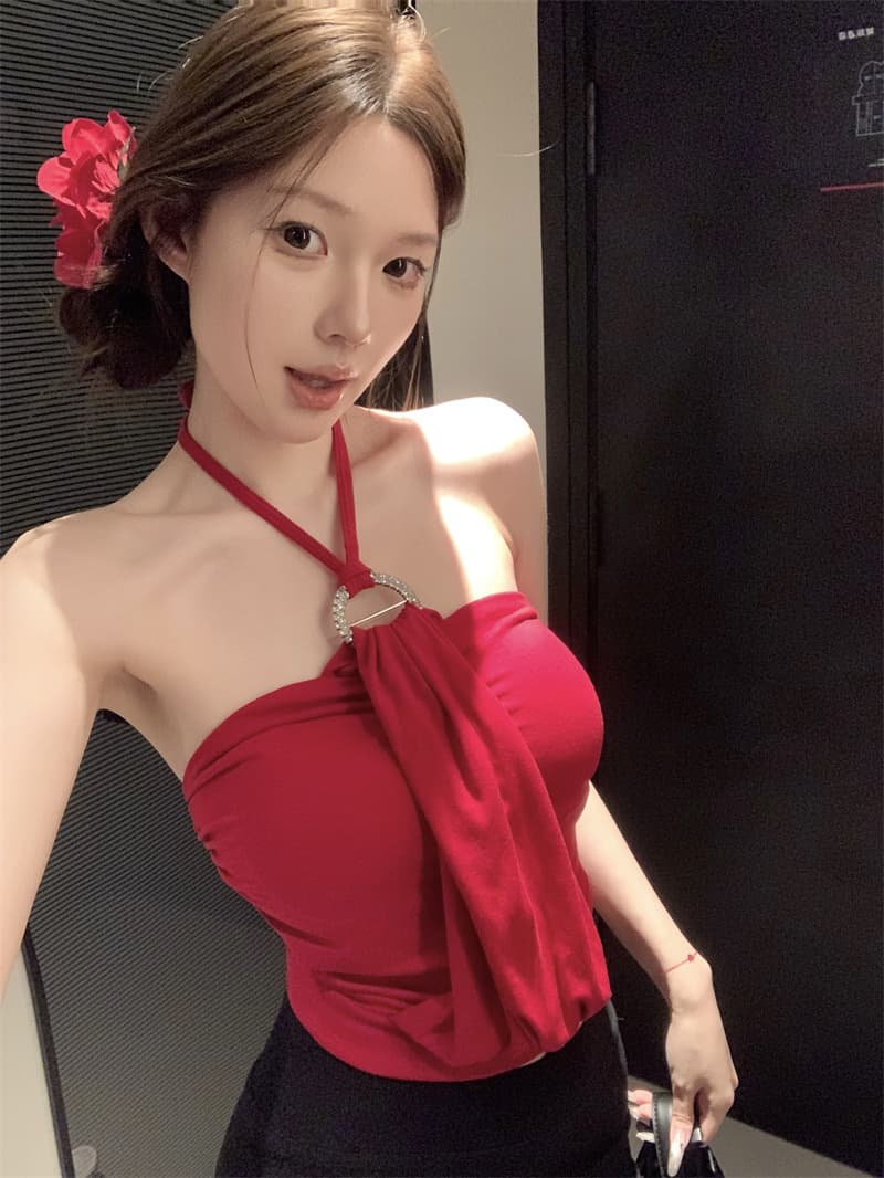 실사 아니요 가격 인하 행침 목 튜브탑 주름 작은 조끼 품격 핫걸 오프숄더 슬림해 보이는 작은 대중 다용도 맨위 여성 상세 이미지 1