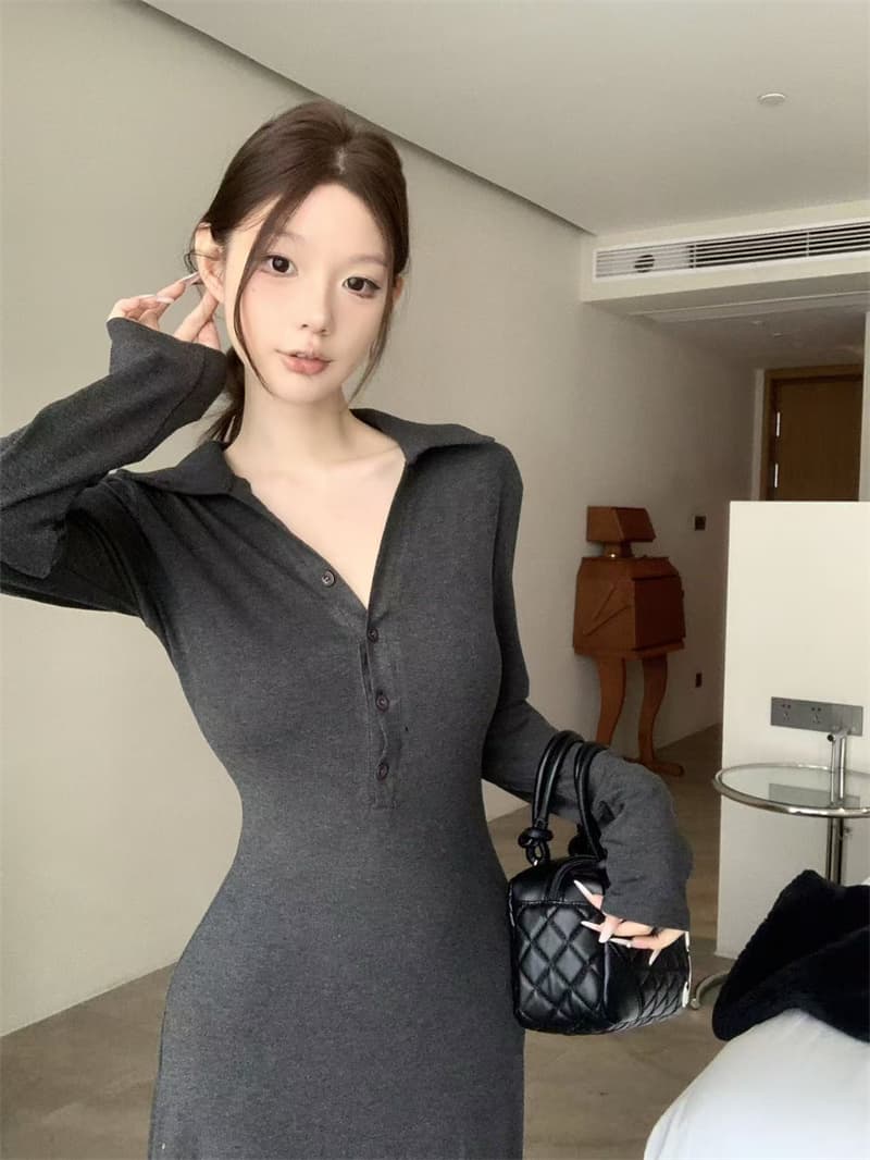 실사 아니요 가격 인하 폴로 칼라 polo 긴팔 허리 수축 드레스 핫걸 타이트 스커트 롱 스커트 몸매 가꾸기 슬림해 보이는 길다 치마 이미지 4