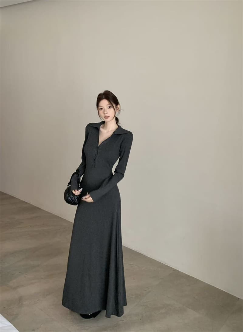 실사 아니요 가격 인하 폴로 칼라 polo 긴팔 허리 수축 드레스 핫걸 타이트 스커트 롱 스커트 몸매 가꾸기 슬림해 보이는 길다 치마 상세 이미지 1