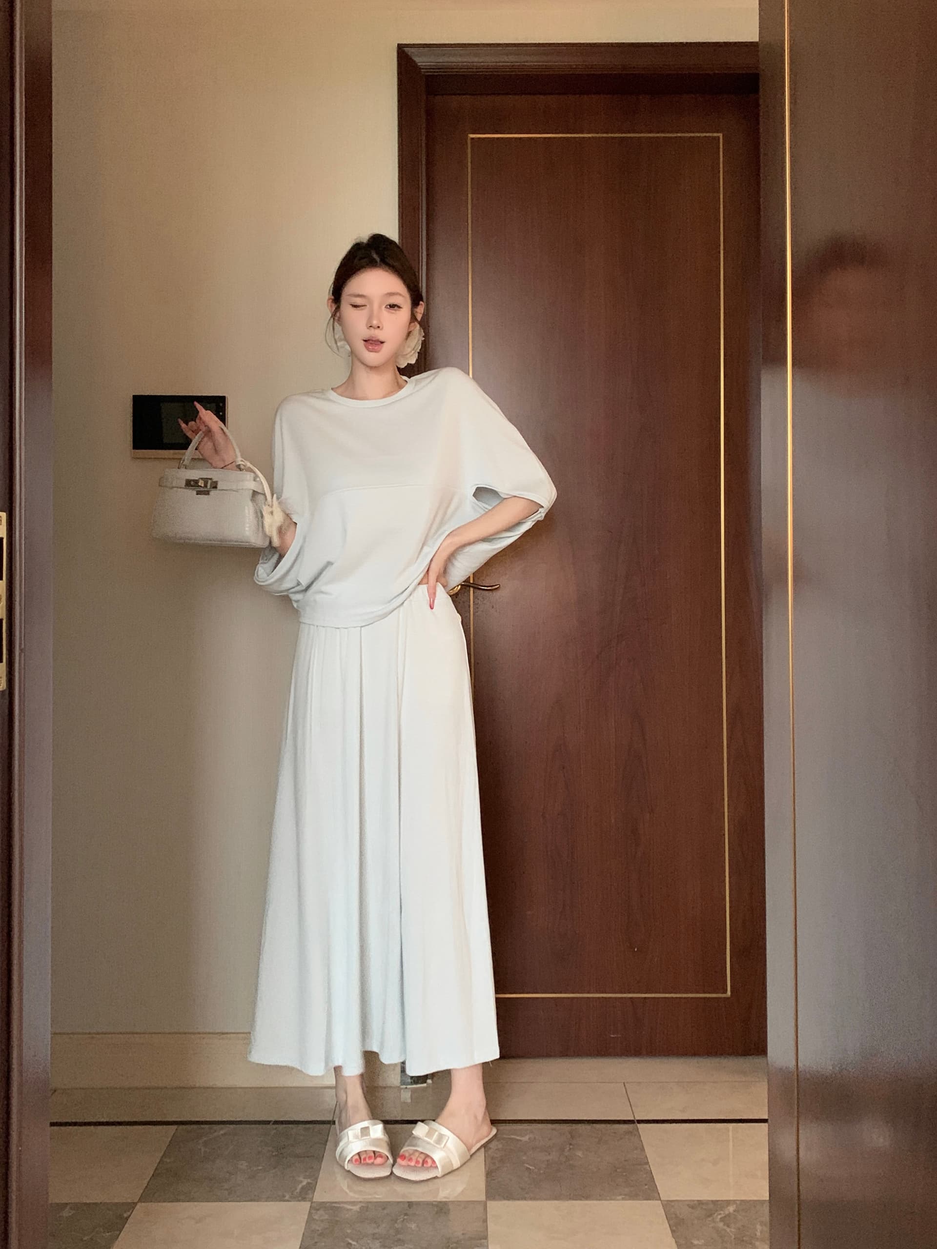 실사 아니요 가격 인하 여름 새로운 아마 담배 파우더 색상 품격 블라우스 반신 롱 스커트 세트 상세 이미지 7