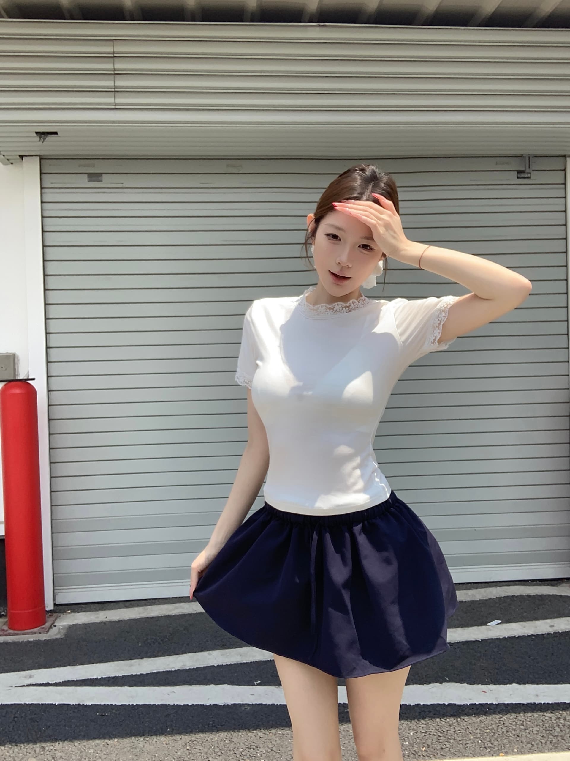 실사 아니요 가격 인하 화이트 레이스 측면 기본 셔츠 맨위 꽃밭 치마 페이크 레이어드 허리밴드 반신 치마바지 상세 이미지 9