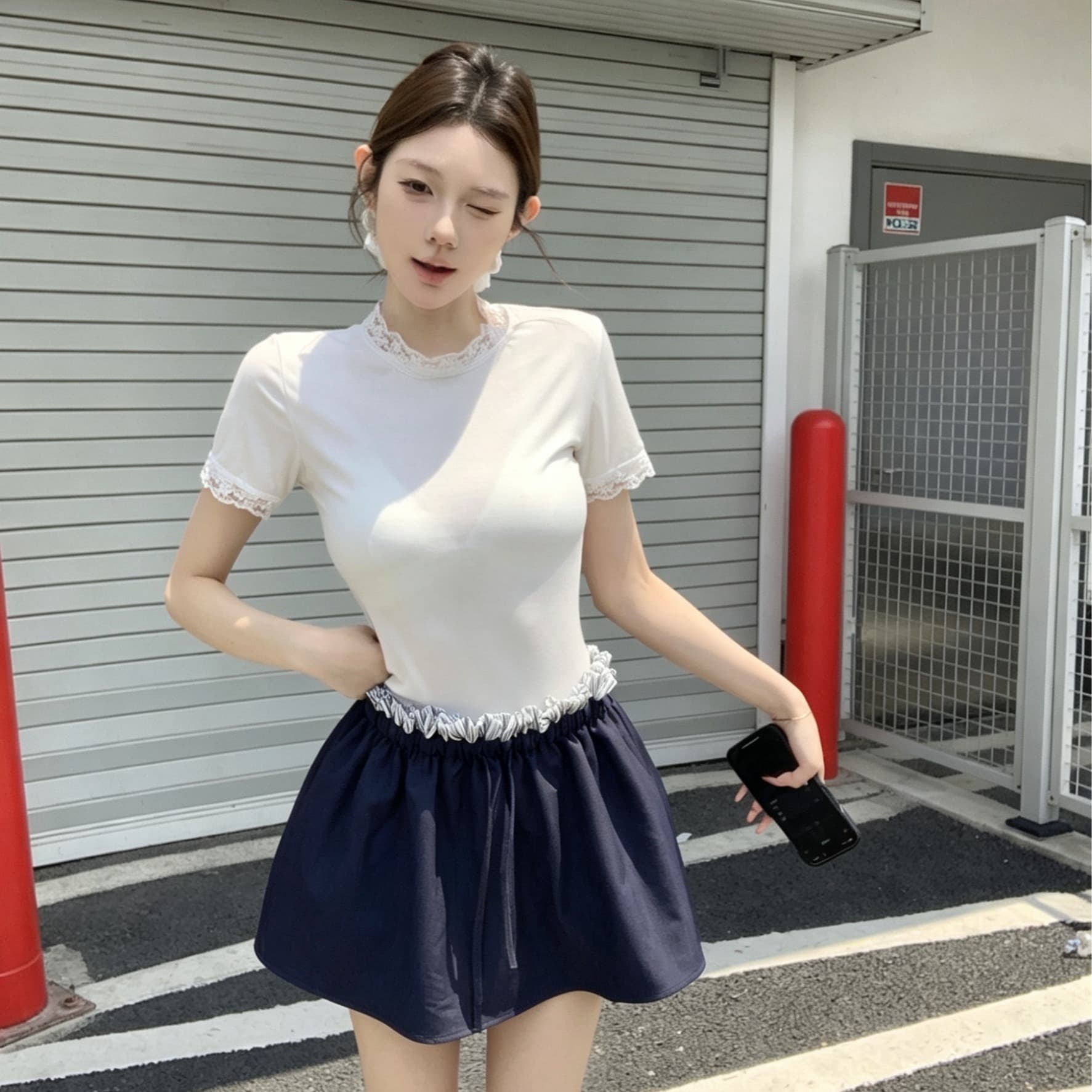 실사 아니요 가격 인하 화이트 레이스 측면 기본 셔츠 맨위 꽃밭 치마 페이크 레이어드 허리밴드 반신 치마바지 이미지 5