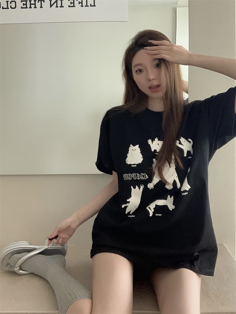 실사 정가 봄 여름 달콤함 귀여운 연령 감소 루즈핏 만화 고양이 프린트 어깨 패드 반팔 티셔츠 여성 셔츠 트렌디