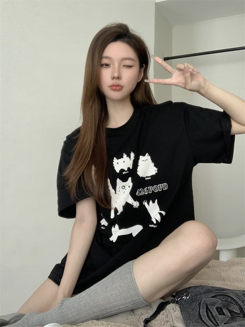 실사 정가 봄 여름 달콤함 귀여운 연령 감소 루즈핏 만화 고양이 프린트 어깨 패드 반팔 티셔츠 여성 셔츠 트렌디 이미지 4