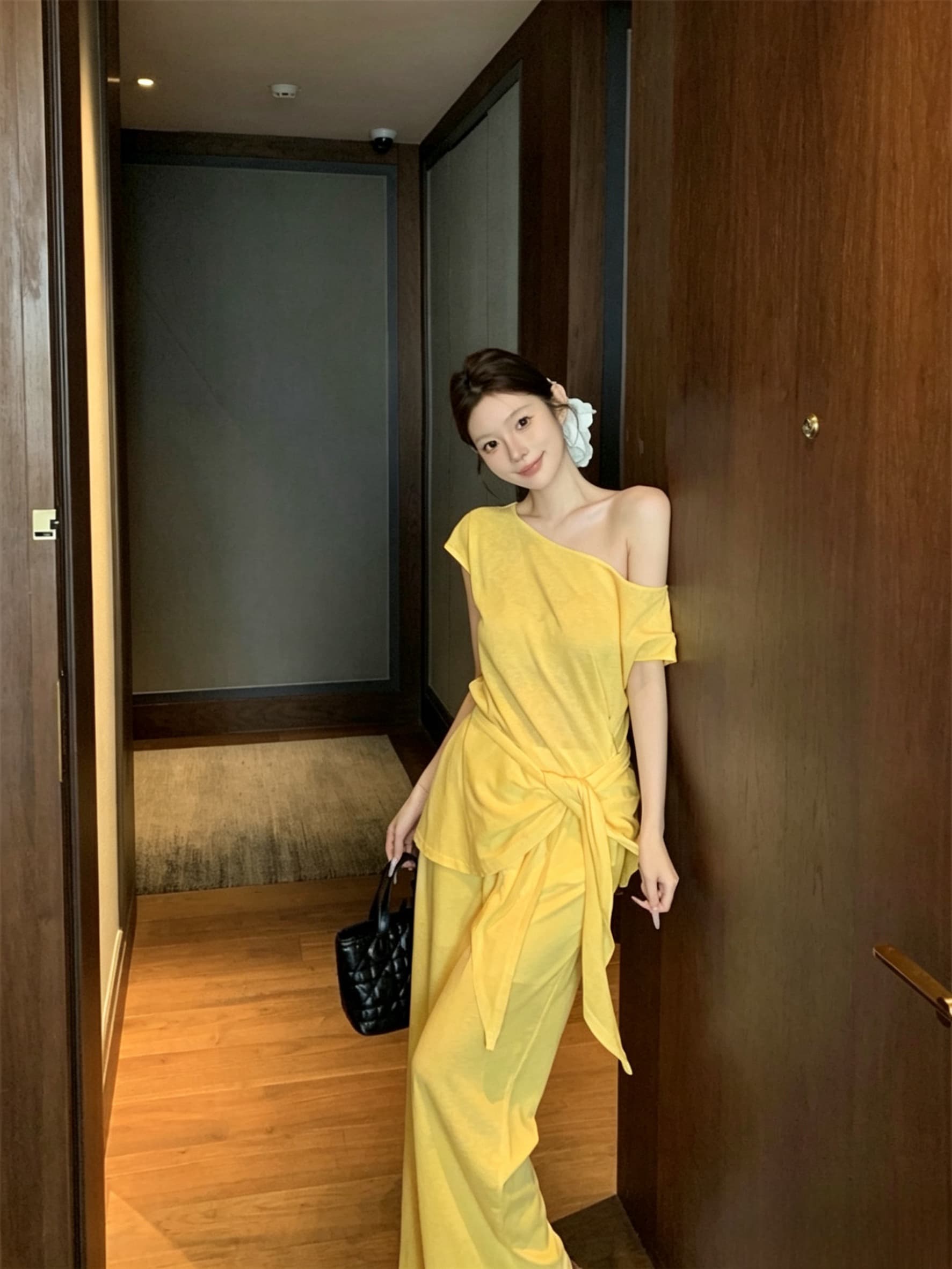 정가 아니요 가격 인하 품격 편안한 부서 편안함 아마 세트 티셔츠 하이웨이스트 넓은 다리 길이 바지 숄 3종 세트 상세 이미지 16