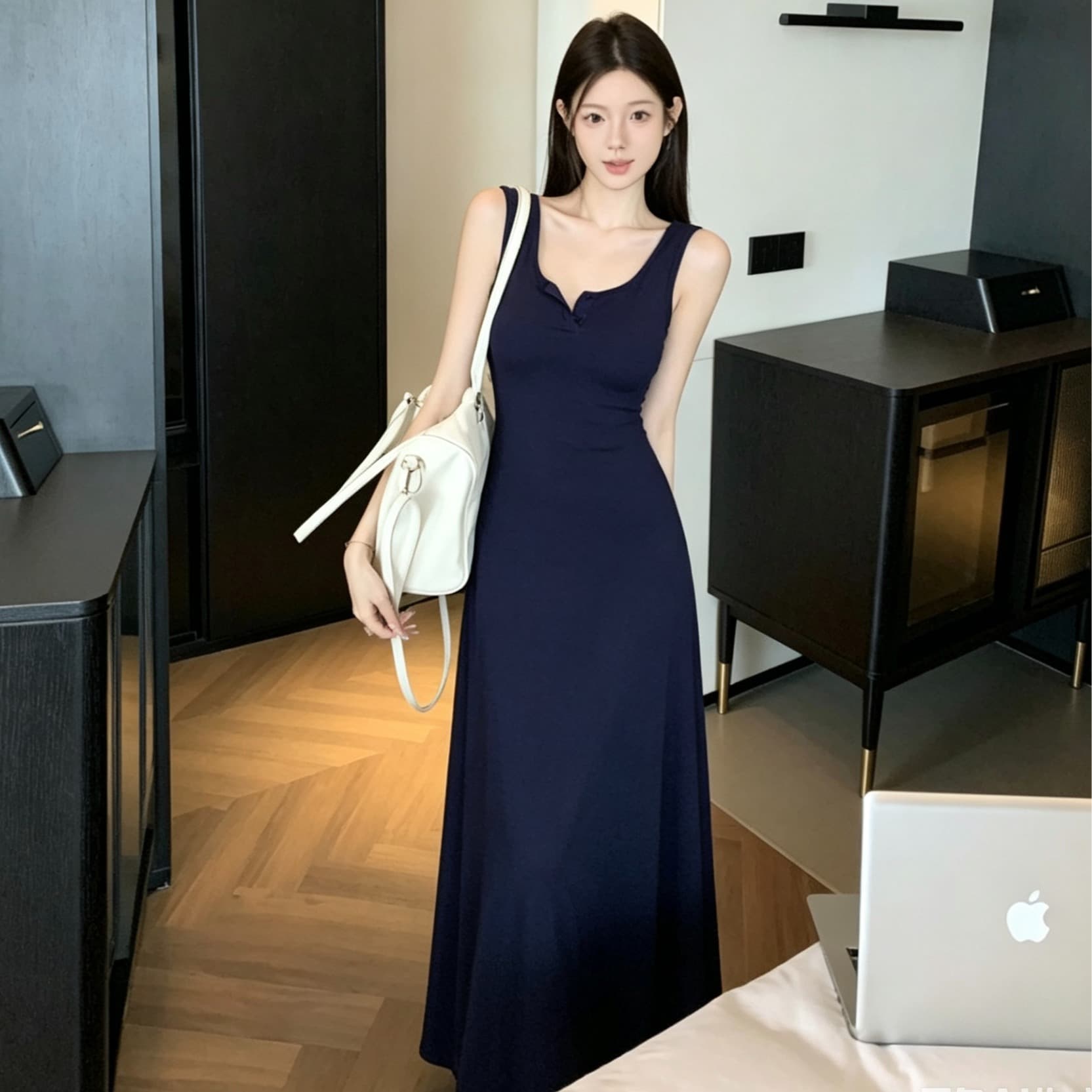 정가 아니요 가격 인하 벨트 가슴 패드 조끼 스커트 둘 착용 숄 캐주얼 몸매 가꾸기 드레스 롱 스커트 니트 원피스 이미지 5