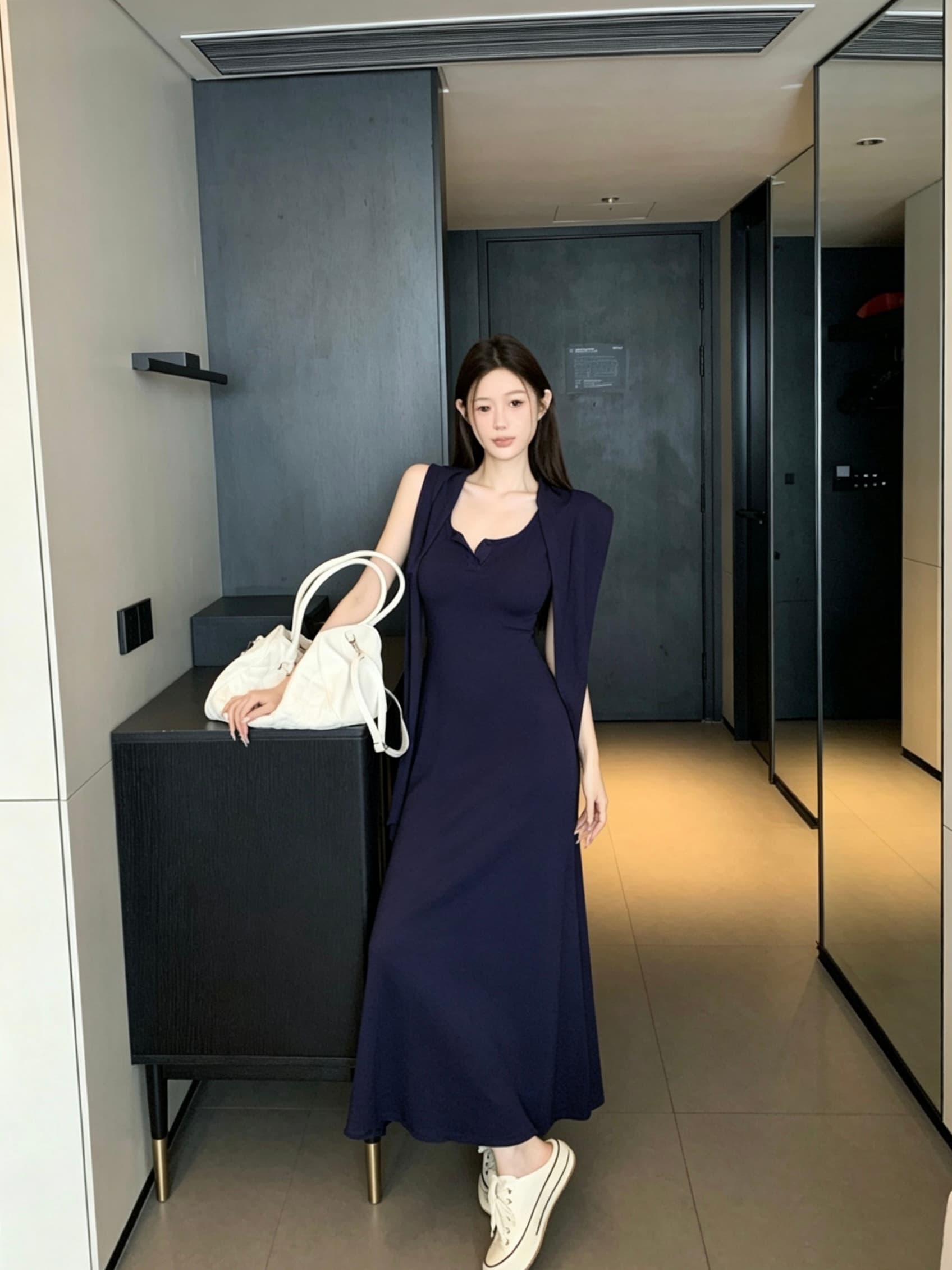정가 아니요 가격 인하 벨트 가슴 패드 조끼 스커트 둘 착용 숄 캐주얼 몸매 가꾸기 드레스 롱 스커트 니트 원피스 상세 이미지 6