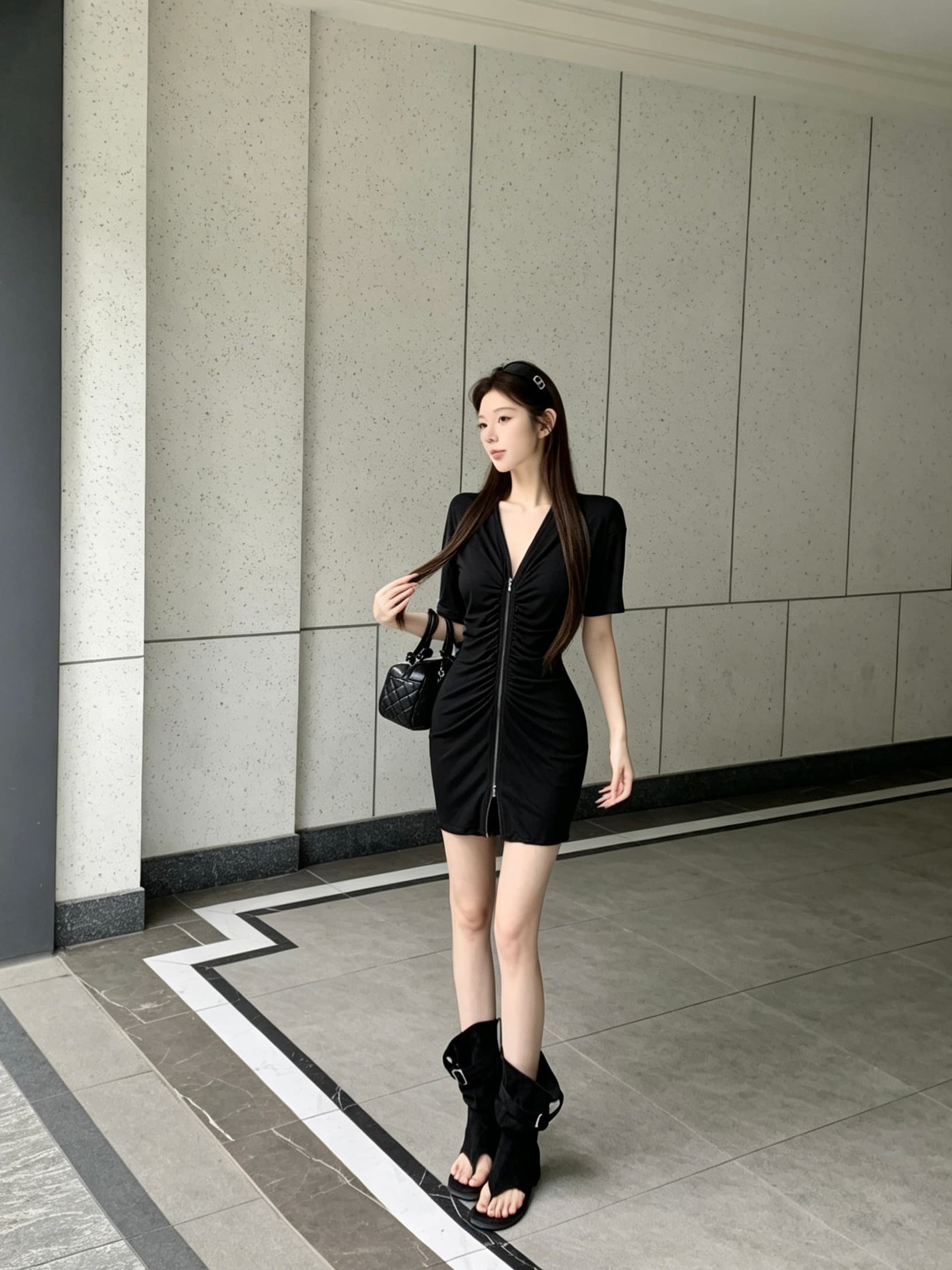 실사 아니요 가격 인하 한여름 계절 한 부서 착용 가져 가라. 검정색 허리 수축 여성 드레스 V넥 치마 여성 짧은 상세 이미지 15