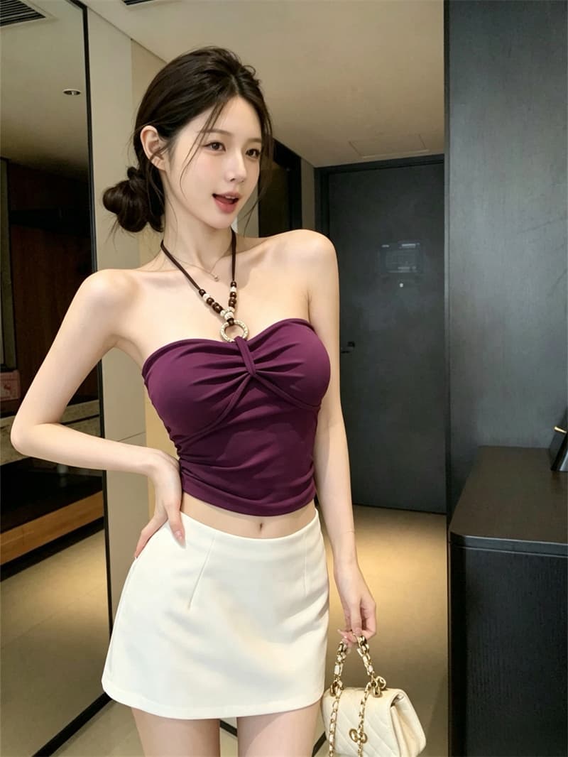 실사 아니요 가격 인하 순수한 욕망 분위기 센스 쇼트 스타일 구슬 사슬 행침 목 인사이드 가져 가라. 조끼 여성 작은 대중 백리스 튜브탑 맨위 상세 이미지 6