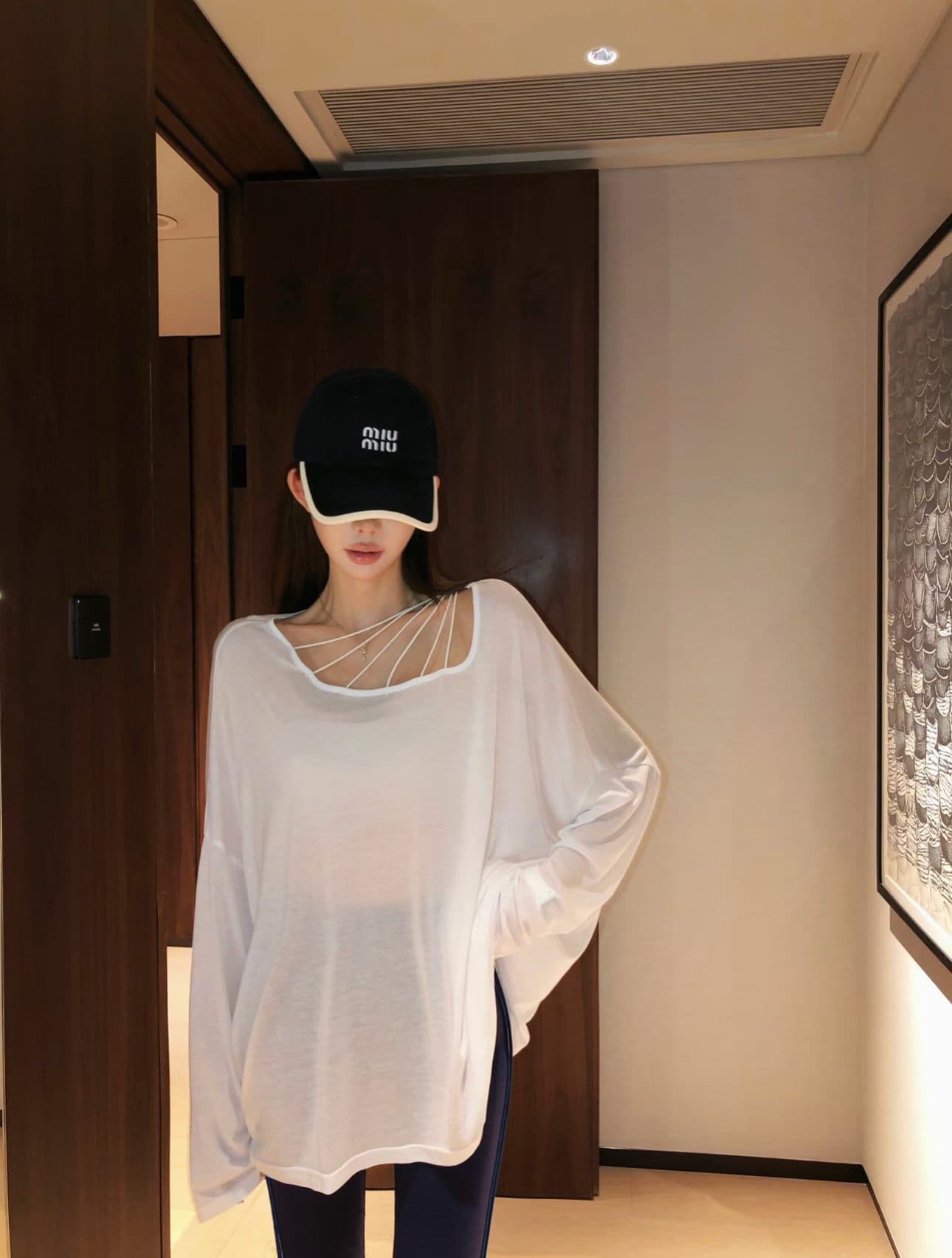 비 실사 아니요 가격 인하 연근이 부러졌습니다. 실크 비스듬한 어깨 스트랩 얇은 스타일 자외선 차단 긴팔 티셔츠 루즈핏 마이크로 ~을 통해 여름 긴 바지 상세 이미지 2