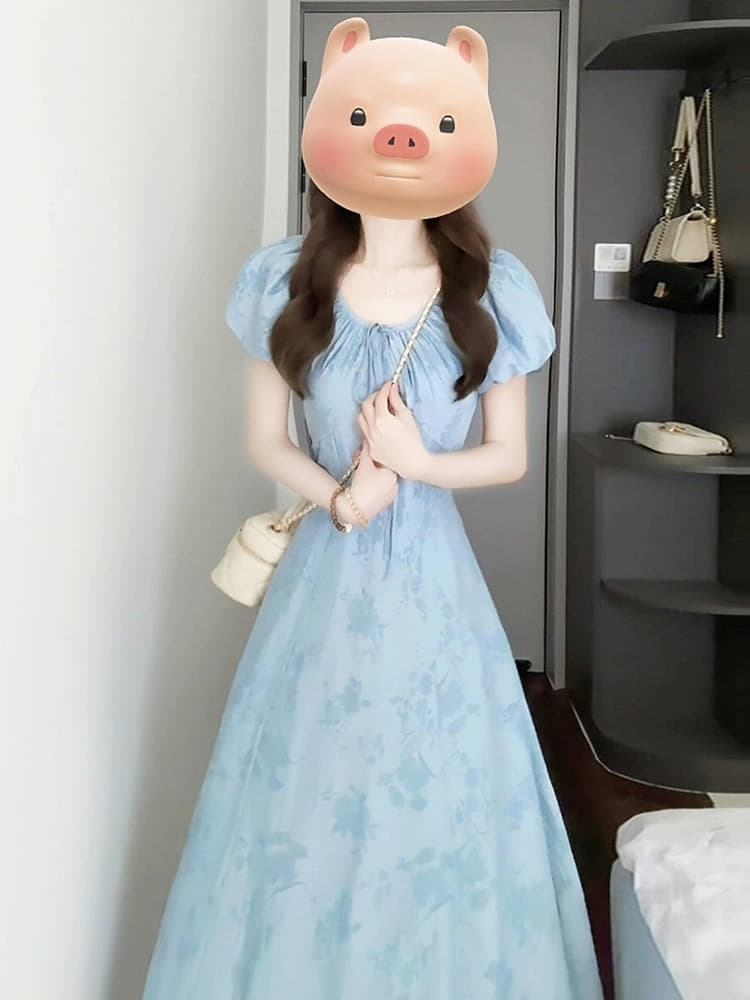파란색 드레스 아이들 여름 새로운 착용 가져 가라. 프랑스식 꼬집기 허리 고유 한 아름다운 작은 키 품격 롱 스커트 상세 이미지 1