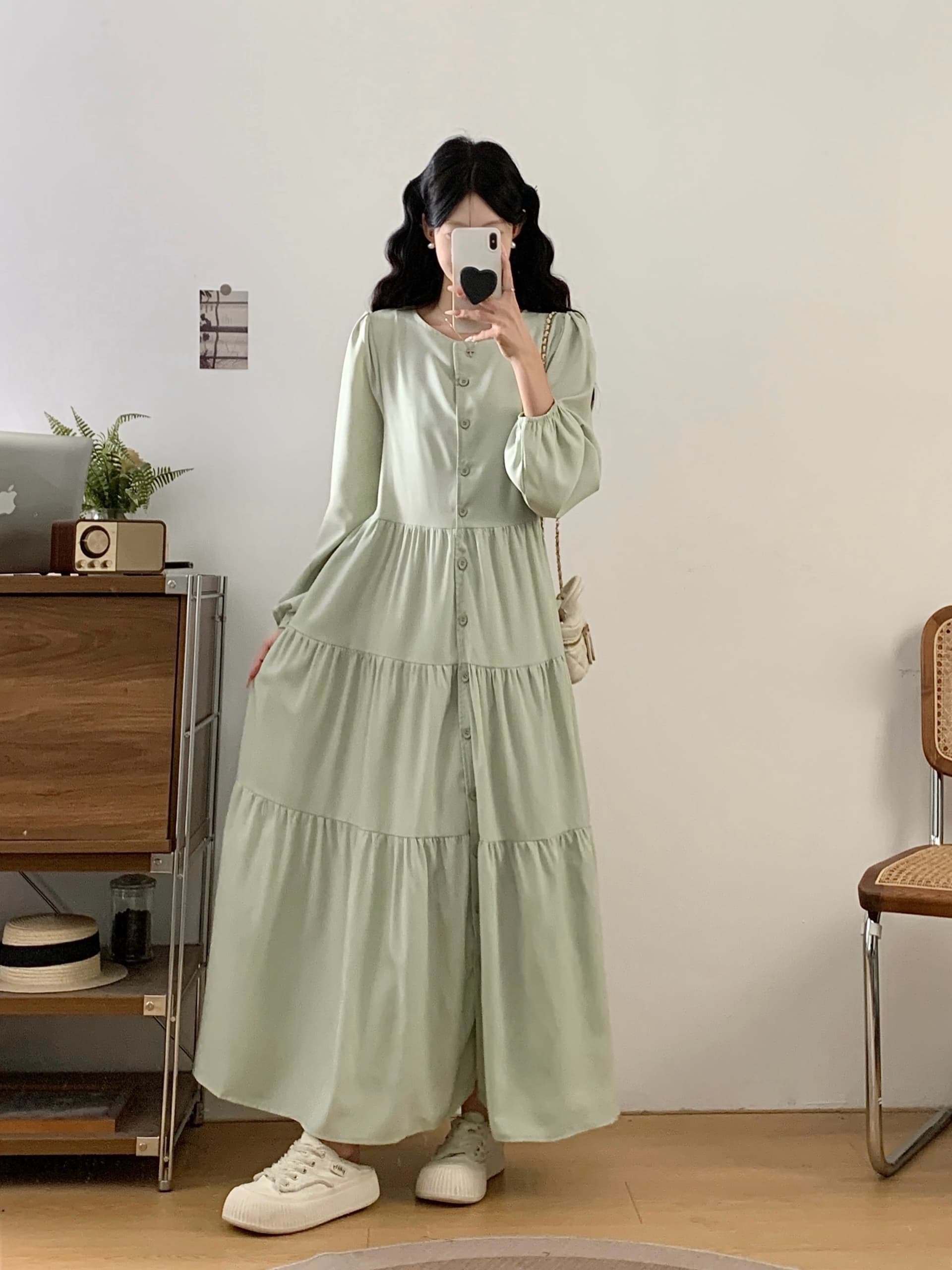 녹색 긴팔 드레스 아이들 새로운 고급 센스 아름다운 품격 롱 스커트 상세 이미지 2