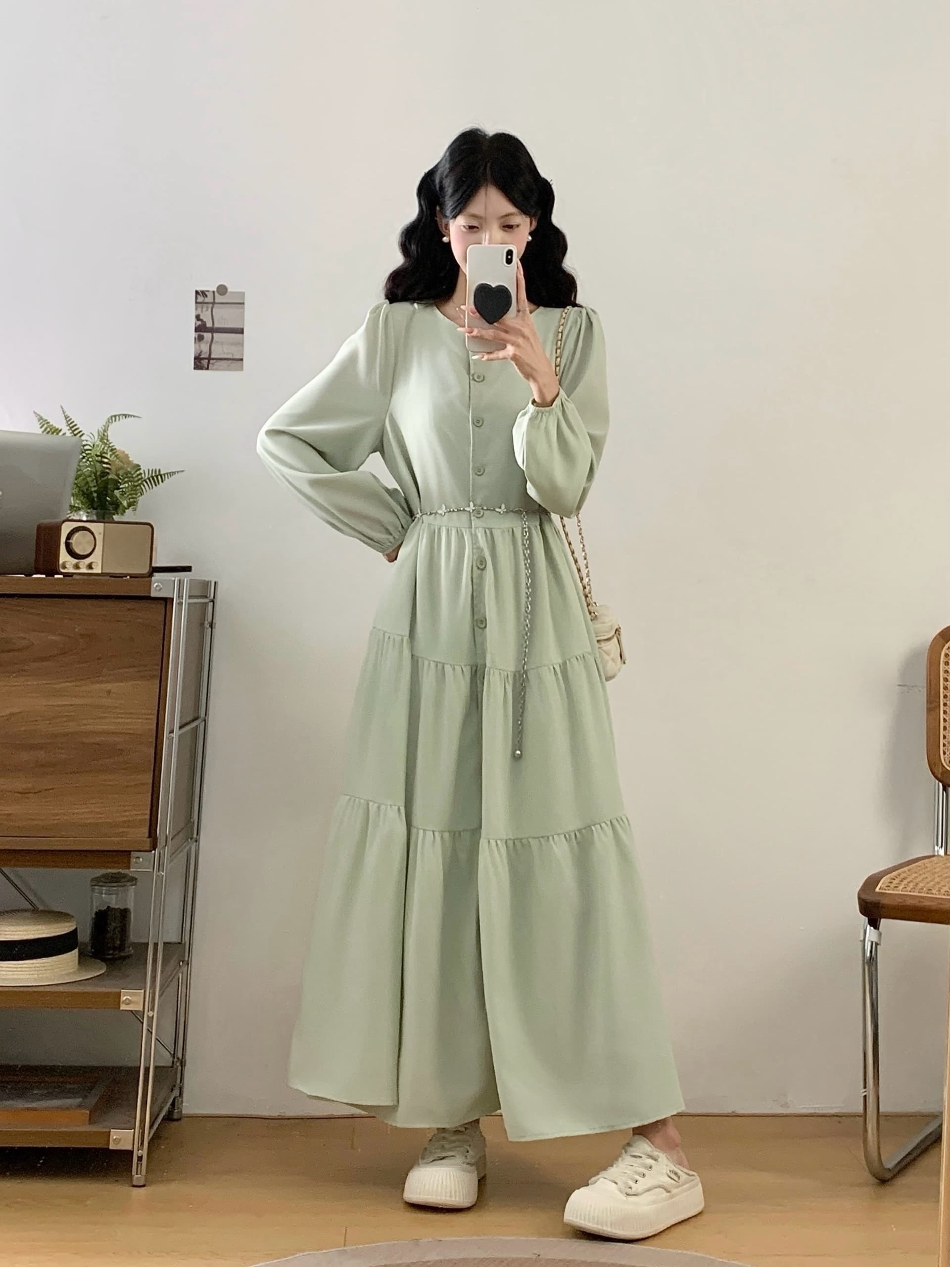 녹색 긴팔 드레스 아이들 새로운 고급 센스 아름다운 품격 롱 스커트 상세 이미지 3