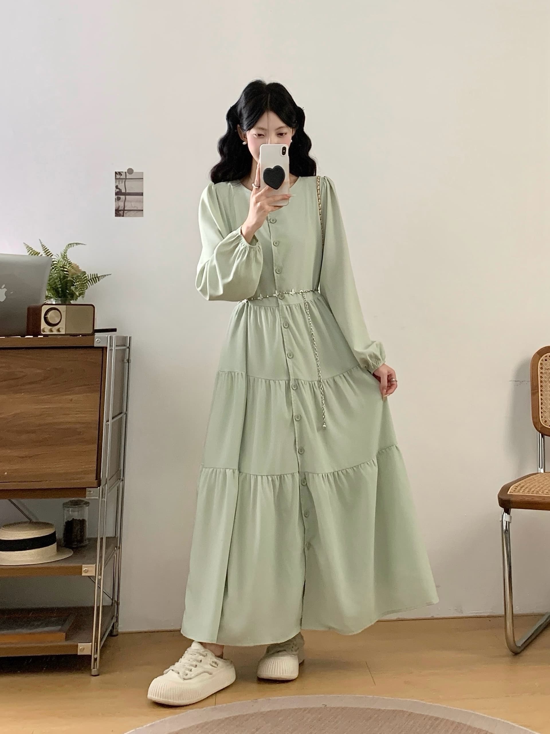 녹색 긴팔 드레스 아이들 새로운 고급 센스 아름다운 품격 롱 스커트 상세 이미지 6