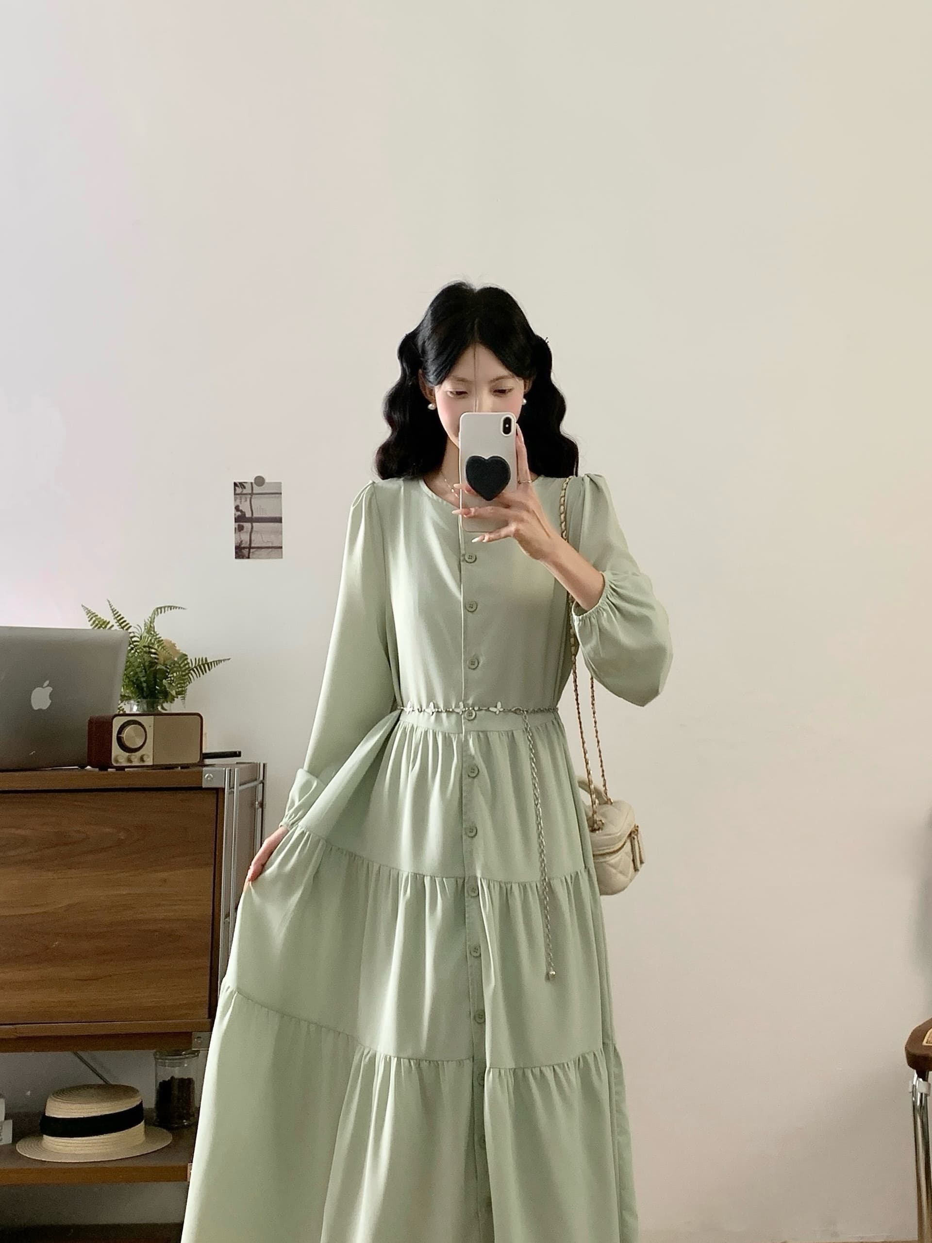 녹색 긴팔 드레스 아이들 새로운 고급 센스 아름다운 품격 롱 스커트 상세 이미지 8