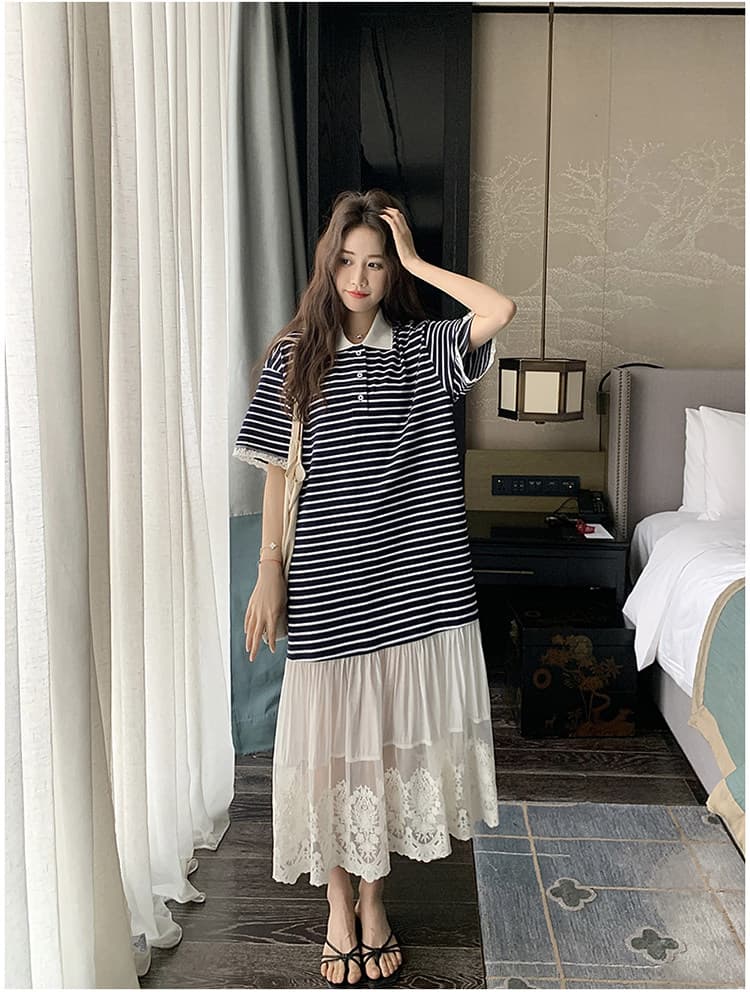POLO 칼라 스트라이프 티셔츠 여성 드레스 2026 여름 새로운 빛 럭셔리 고급 센스 캐주얼 레이스 조각 길다 상세 이미지 3