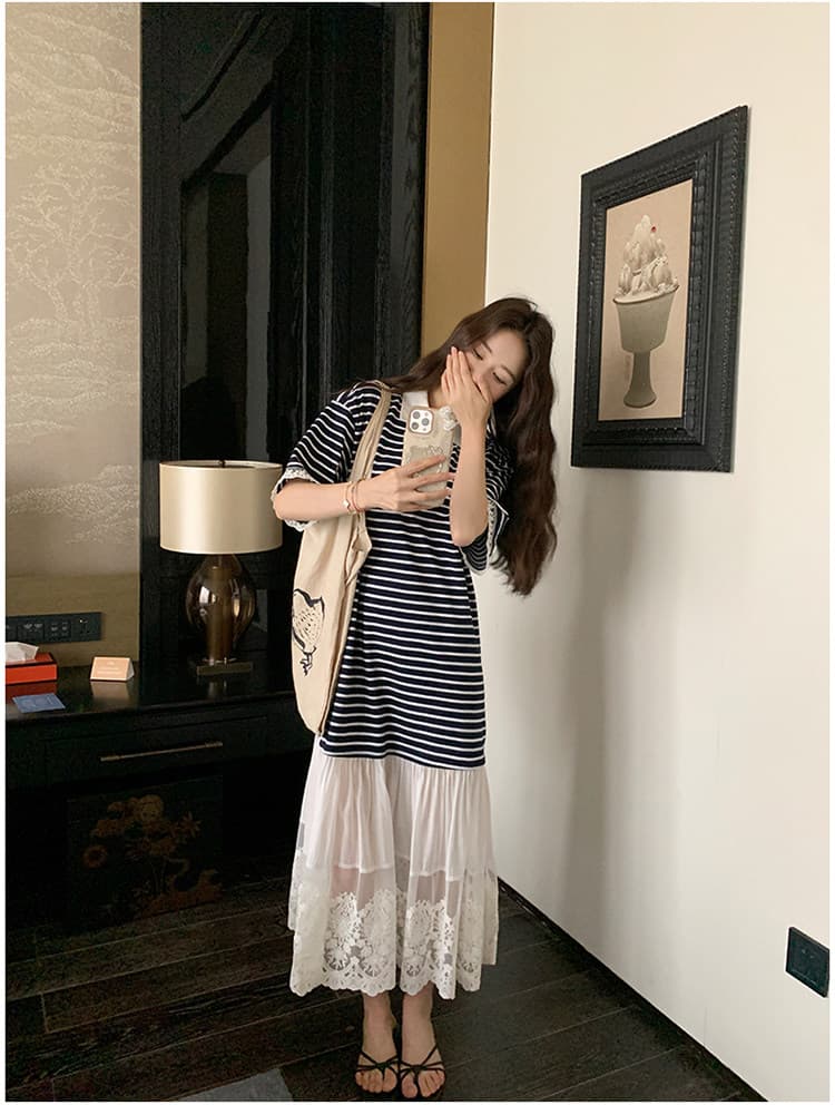 POLO 칼라 스트라이프 티셔츠 여성 드레스 2026 여름 새로운 빛 럭셔리 고급 센스 캐주얼 레이스 조각 길다 상세 이미지 4