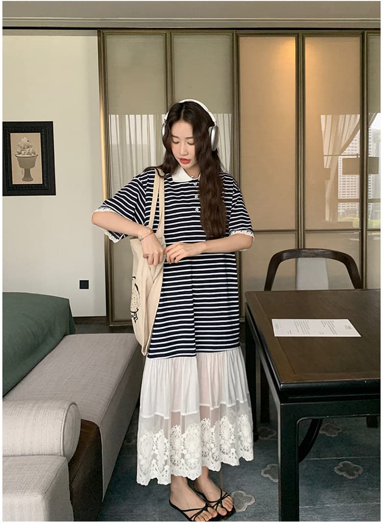 POLO 칼라 스트라이프 티셔츠 여성 드레스 2026 여름 새로운 빛 럭셔리 고급 센스 캐주얼 레이스 조각 길다 상세 이미지 9
