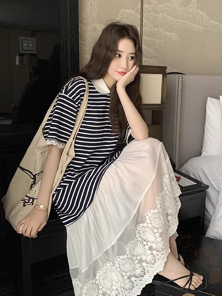 POLO 칼라 스트라이프 티셔츠 여성 드레스 2026 여름 새로운 빛 럭셔리 고급 센스 캐주얼 레이스 조각 길다 상세 이미지 14