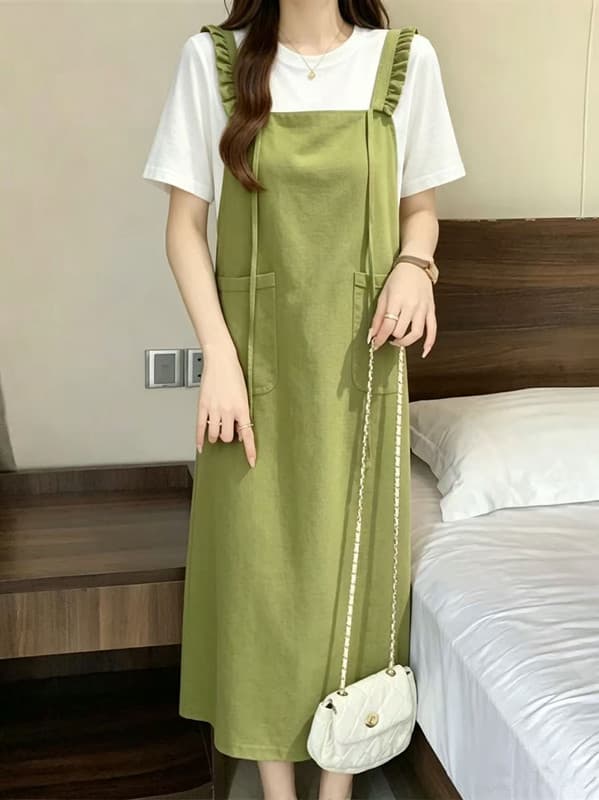 여름 드레스 2026 새로운 빅 사이즈 여성 의류 마이크로 지방 페이크 레이어드 롱 스커트 루즈핏 캐주얼 슬림해 보이는 연령 감소 표지 고기 드레스 이미지 3
