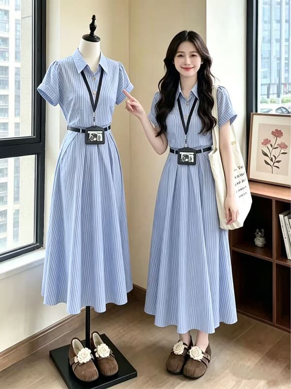 2026 여름 파란색 POLO 칼라 문예 스트라이프 드레스 여성 의류 교 자본금 면접 치마