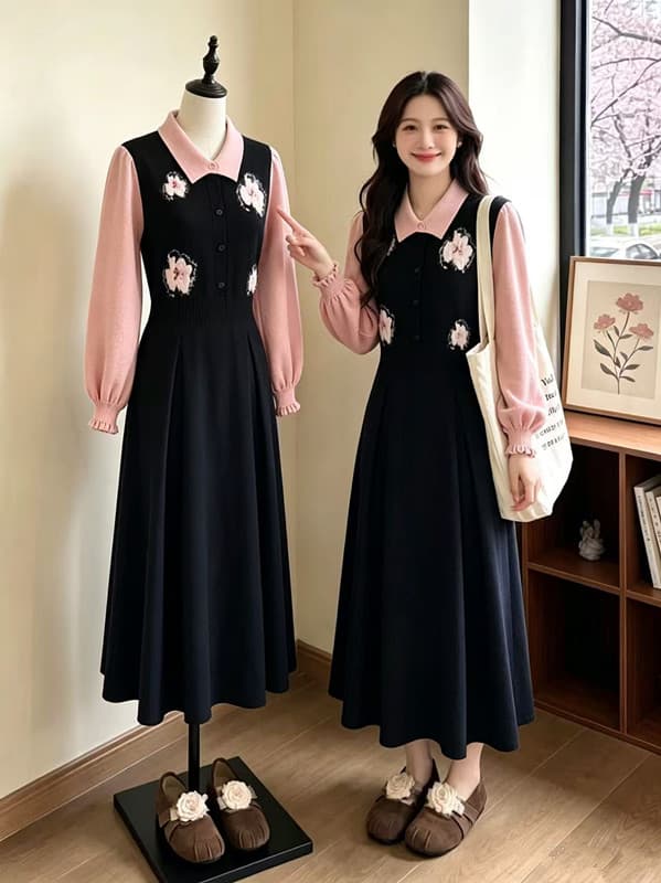 빅 사이즈 여성 의류 지방 mm 한 부서 달콤한 스타일 연령 감소 드레스 2026 이른 가을 페이크 레이어드 자수 롱 스커트