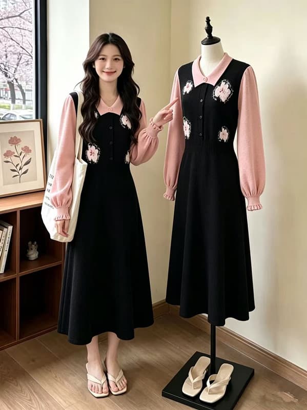 빅 사이즈 여성 의류 지방 mm 한 부서 달콤한 스타일 연령 감소 드레스 2026 이른 가을 페이크 레이어드 자수 롱 스커트 이미지 3