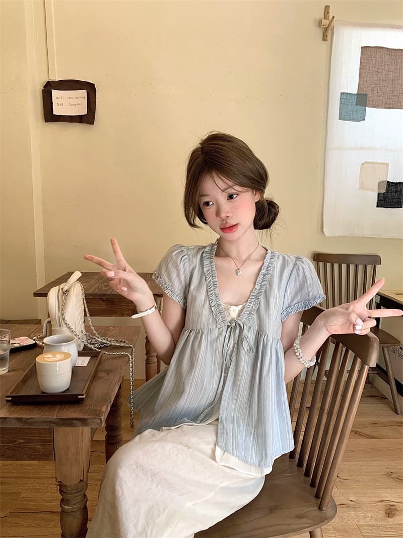 실사 작은 청신 페이크 레이어드 달콤함 레이스 반팔 스트라이프 셔츠 이미지 2