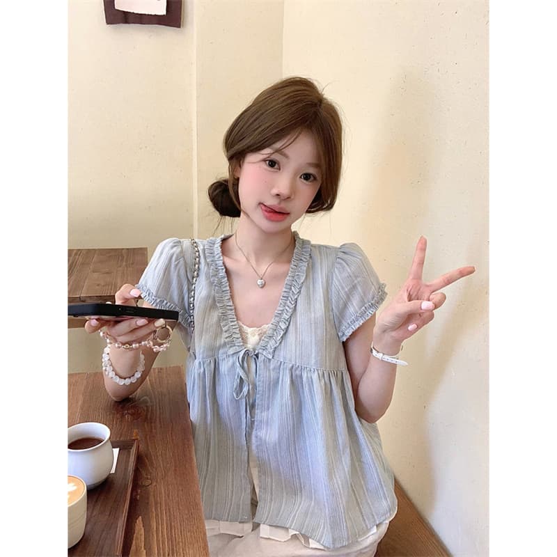 실사 작은 청신 페이크 레이어드 달콤함 레이스 반팔 스트라이프 셔츠 이미지 5