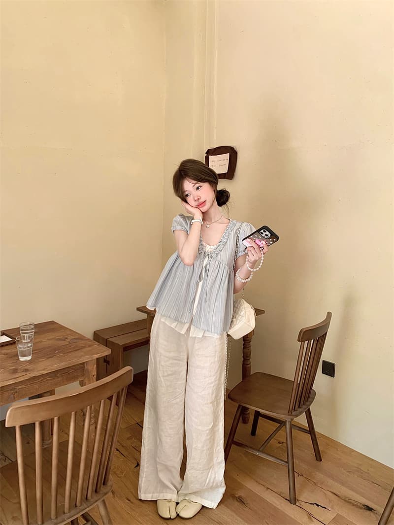 실사 작은 청신 페이크 레이어드 달콤함 레이스 반팔 스트라이프 셔츠 상세 이미지 5