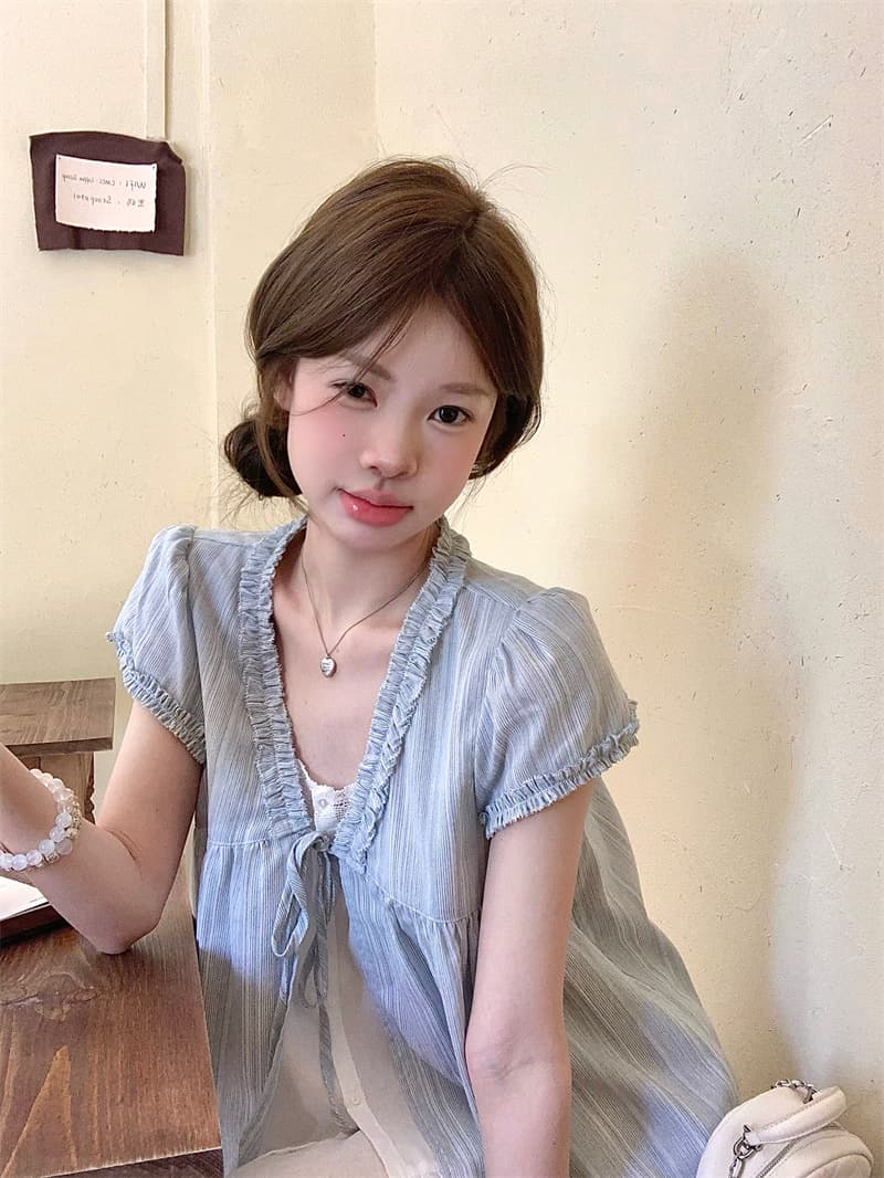 실사 작은 청신 페이크 레이어드 달콤함 레이스 반팔 스트라이프 셔츠 상세 이미지 11