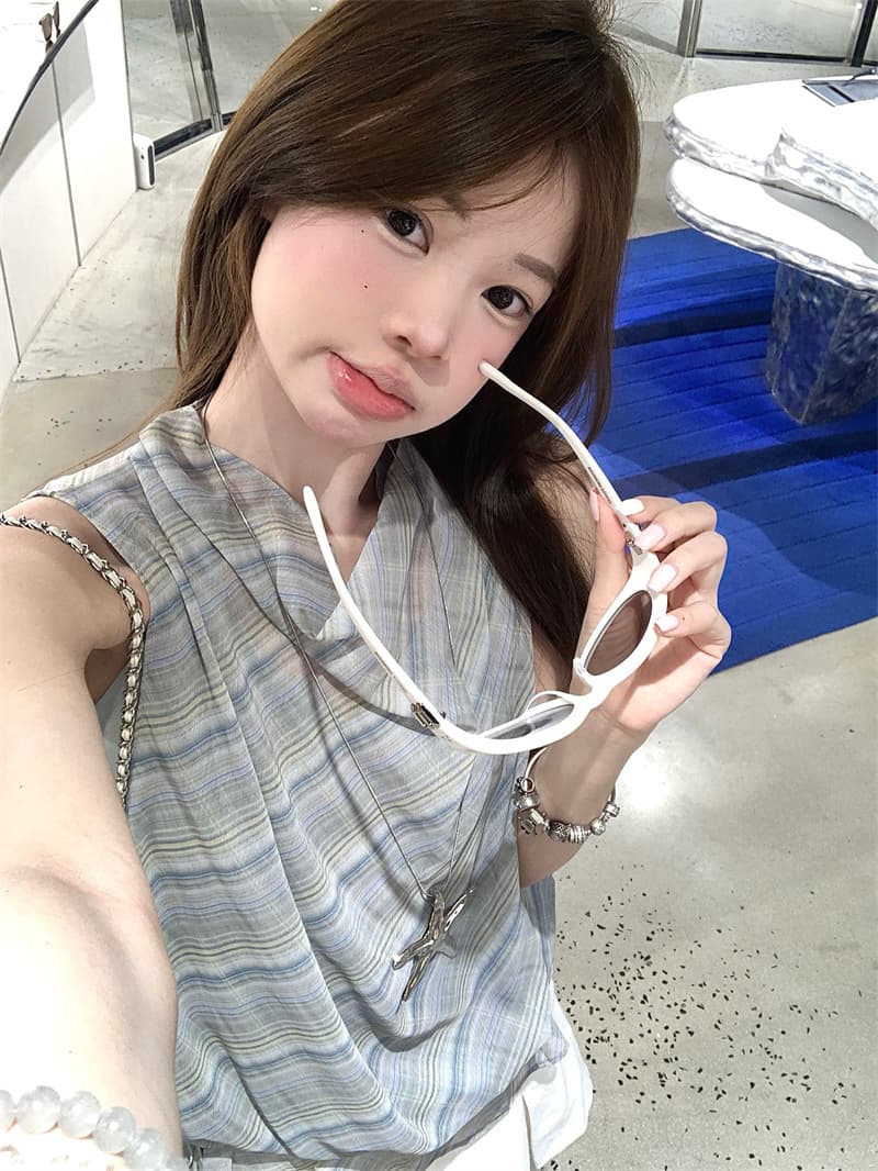 실사 흔들다 칼라 행침 목 캐미솔 파란색 체크무늬 쉬폰 블라우스 이미지 2