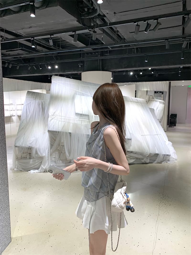 실사 흔들다 칼라 행침 목 캐미솔 파란색 체크무늬 쉬폰 블라우스 이미지 4