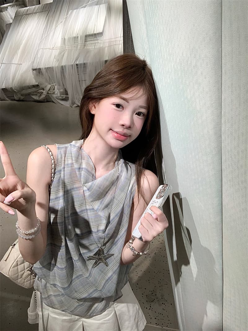 실사 흔들다 칼라 행침 목 캐미솔 파란색 체크무늬 쉬폰 블라우스 상세 이미지 6