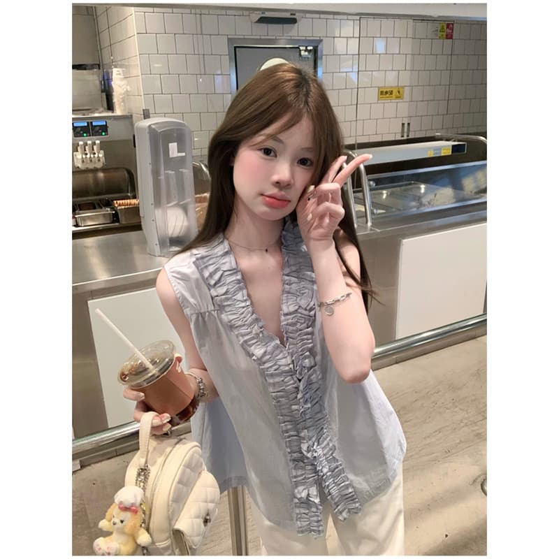 실사 파란색 프릴 민소매 조끼 셔츠 이미지 5