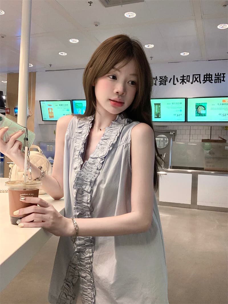 실사 파란색 프릴 민소매 조끼 셔츠 상세 이미지 3