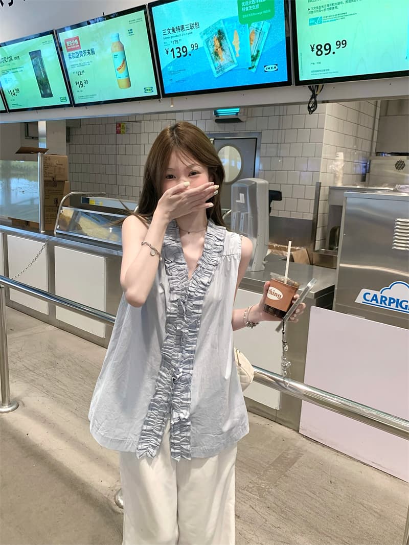 실사 파란색 프릴 민소매 조끼 셔츠 상세 이미지 4