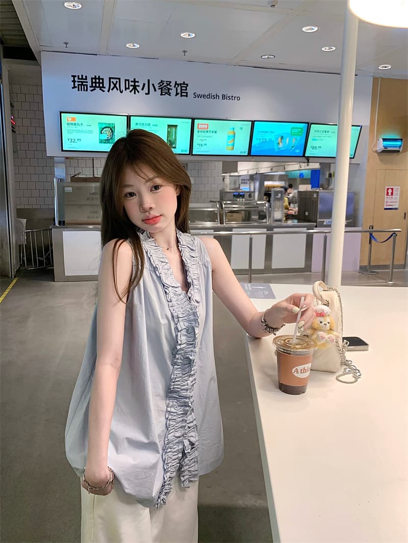 실사 파란색 프릴 민소매 조끼 셔츠 상세 이미지 5
