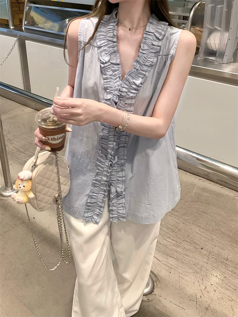실사 파란색 프릴 민소매 조끼 셔츠 상세 이미지 6
