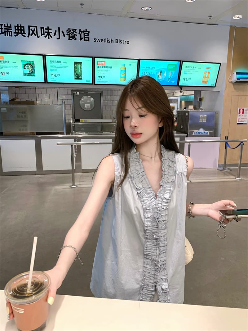 실사 파란색 프릴 민소매 조끼 셔츠 상세 이미지 7